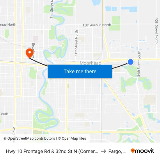 Hwy 10 Frontage Rd & 32nd St N (Corner Sw) to Fargo, ND map