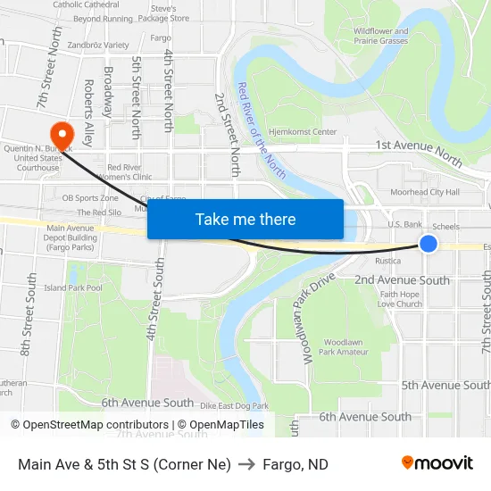 Main Ave & 5th St S (Corner Ne) to Fargo, ND map