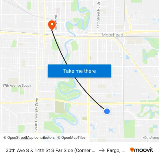 30th Ave S & 14th St S Far Side (Corner Se) to Fargo, ND map