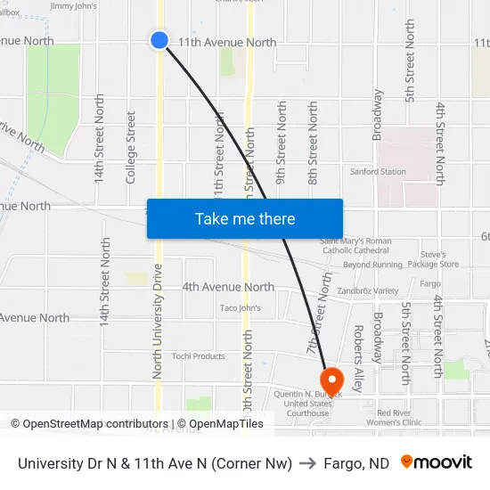 University Dr N & 11th Ave N (Corner Nw) to Fargo, ND map