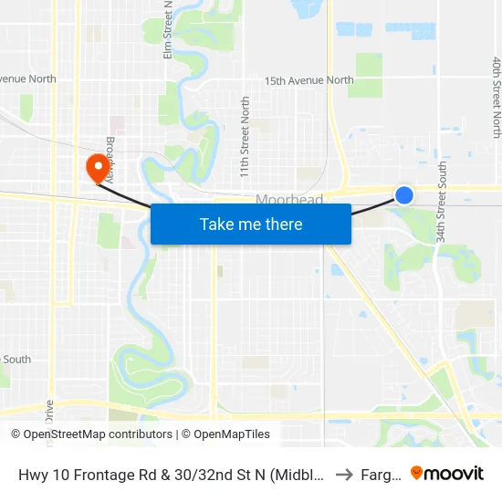 Hwy 10 Frontage Rd & 30/32nd St N (Midblock by Travelodge Driveway) to Fargo, ND map