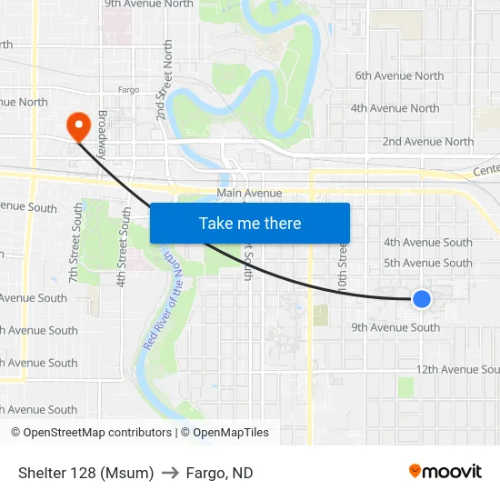 Shelter 128 (Msum) to Fargo, ND map