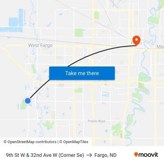 9th St W & 32nd Ave W (Corner Se) to Fargo, ND map
