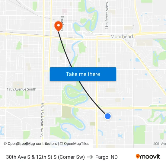 30th Ave S & 12th St S (Corner Sw) to Fargo, ND map