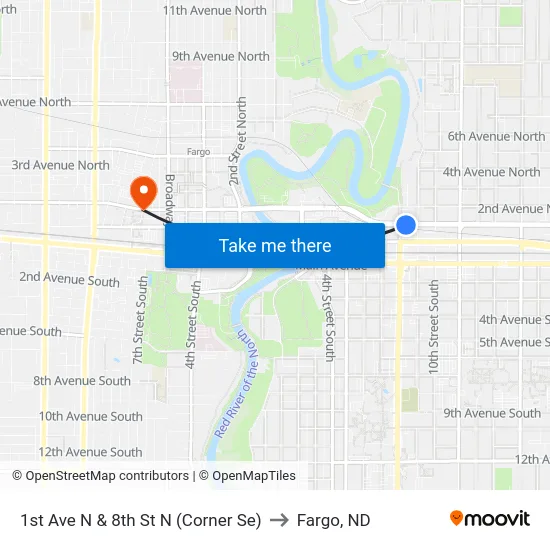 1st Ave N & 8th St N (Corner Se) to Fargo, ND map