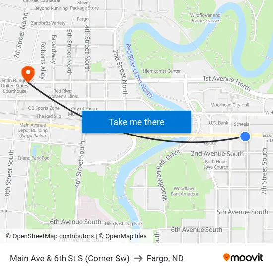 Main Ave & 6th St S (Corner Sw) to Fargo, ND map