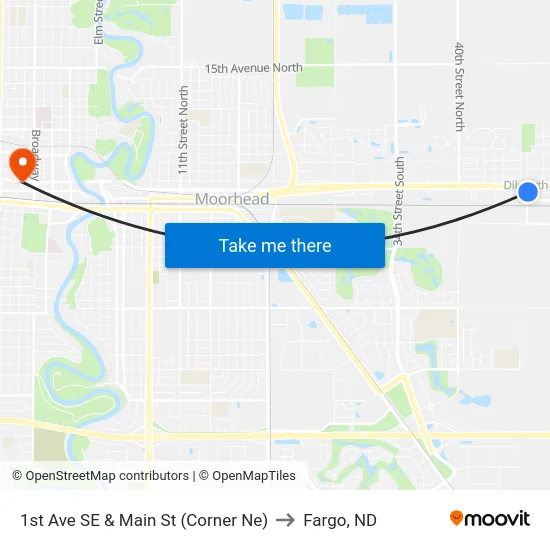 1st Ave SE & Main St (Corner Ne) to Fargo, ND map