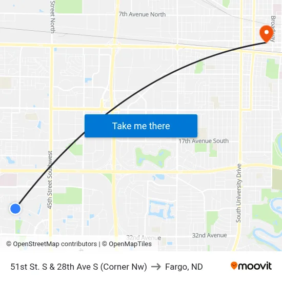 51st St. S & 28th Ave S (Corner Nw) to Fargo, ND map