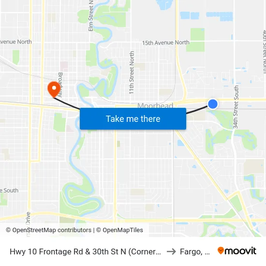 Hwy 10 Frontage Rd & 30th St N (Corner Sw) to Fargo, ND map