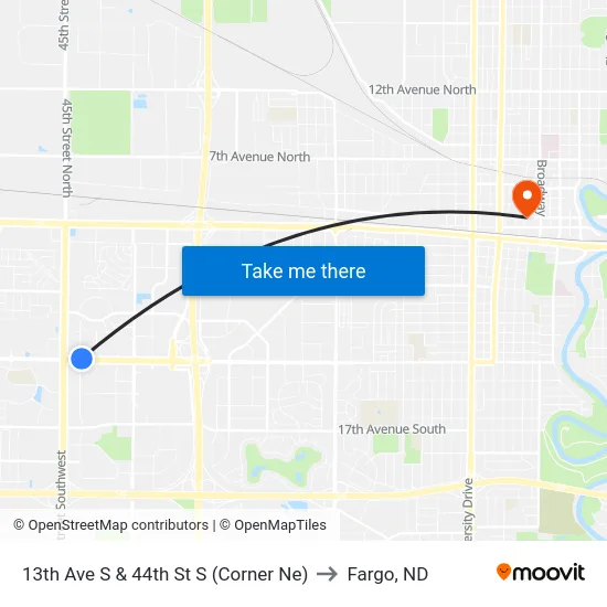 13th Ave S & 44th St S (Corner Ne) to Fargo, ND map