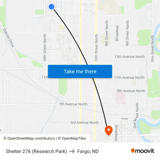 Shelter 276 (Research Park) to Fargo, ND map
