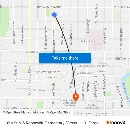 10th St N & Roosevelt Elementary (Crosswalk) to Fargo, ND map