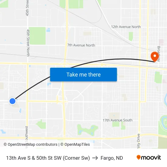 13th Ave S & 50th St SW (Corner Sw) to Fargo, ND map
