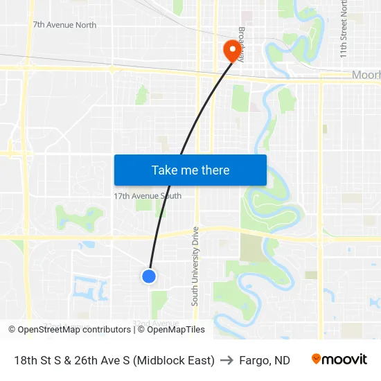 18th St S & 26th Ave S (Midblock East) to Fargo, ND map