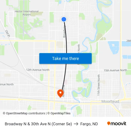Broadway N & 30th Ave N (Corner Se) to Fargo, ND map