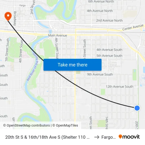 20th St S & 16th/18th Ave S (Shelter 110 Midblock West) to Fargo, ND map