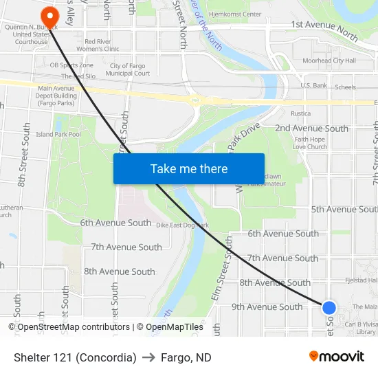 Shelter 121 (Concordia) to Fargo, ND map
