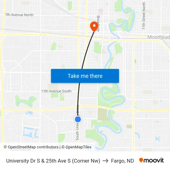University Dr S & 25th Ave S (Corner Nw) to Fargo, ND map
