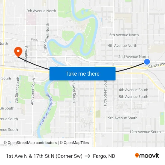 1st Ave N & 17th St N (Corner Sw) to Fargo, ND map