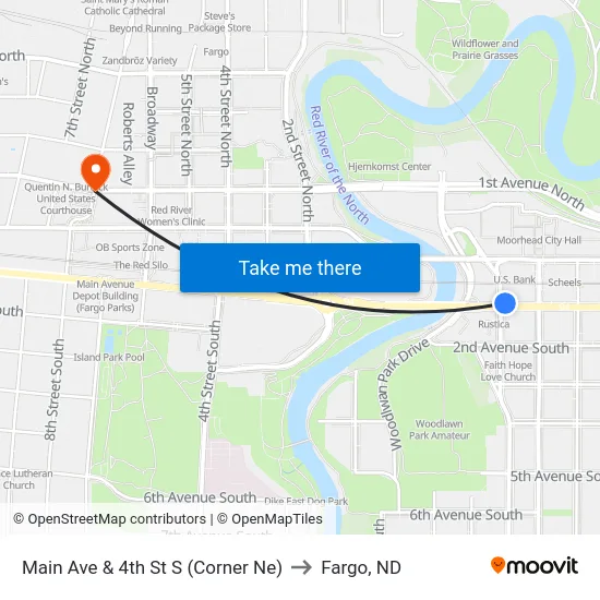 Main Ave & 4th St S (Corner Ne) to Fargo, ND map