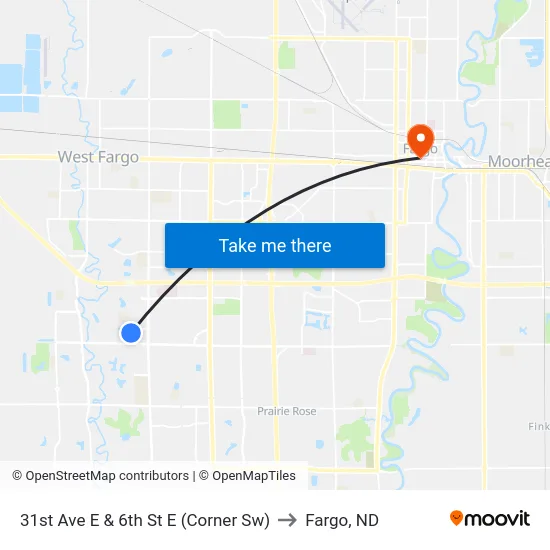 31st Ave E & 6th St E (Corner Sw) to Fargo, ND map