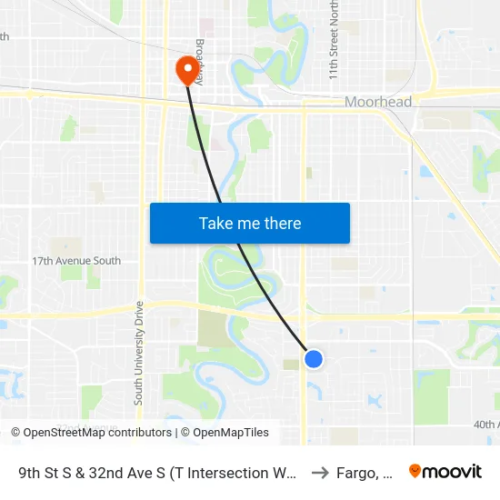 9th St S & 32nd Ave S (T Intersection West) to Fargo, ND map