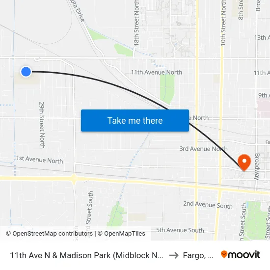 11th Ave N & Madison Park (Midblock North) to Fargo, ND map