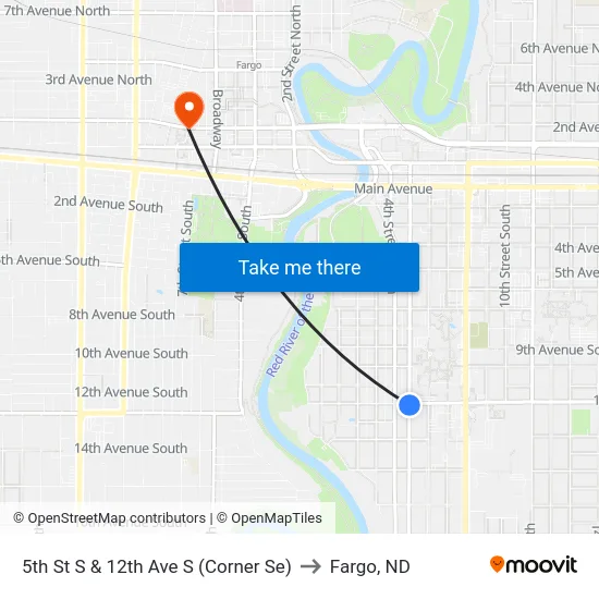 5th St S & 12th Ave S (Corner Se) to Fargo, ND map