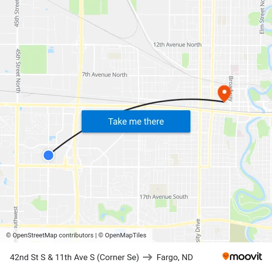 42nd St S & 11th Ave S (Corner Se) to Fargo, ND map