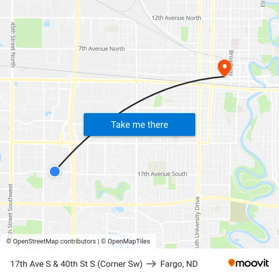 17th Ave S & 40th St S (Corner Sw) to Fargo, ND map