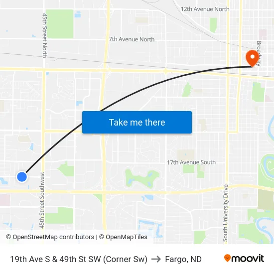 19th Ave S & 49th St SW (Corner Sw) to Fargo, ND map