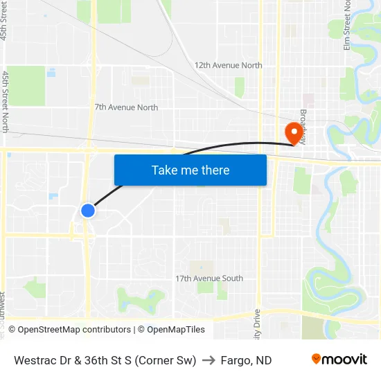 Westrac Dr & 36th St S (Corner Sw) to Fargo, ND map