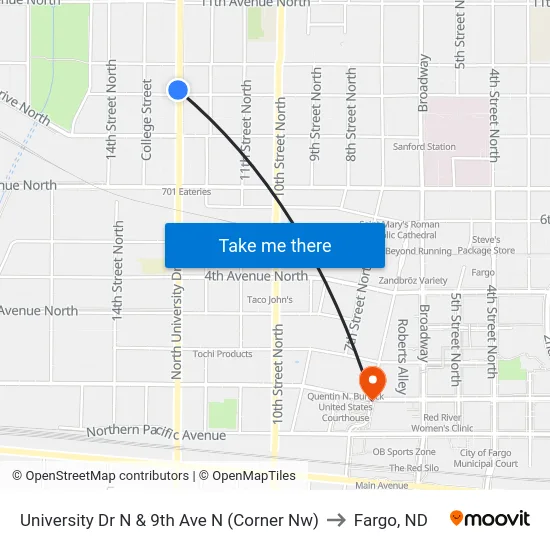 University Dr N & 9th Ave N (Corner Nw) to Fargo, ND map