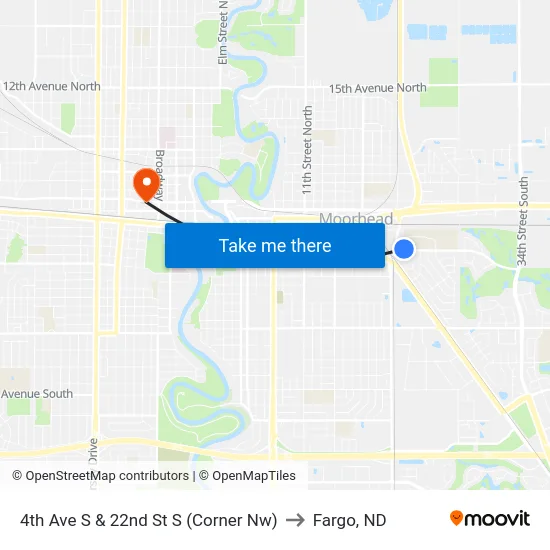4th Ave S & 22nd St S (Corner Nw) to Fargo, ND map