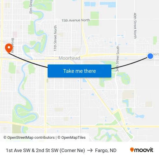 1st Ave SW & 2nd St SW (Corner Ne) to Fargo, ND map