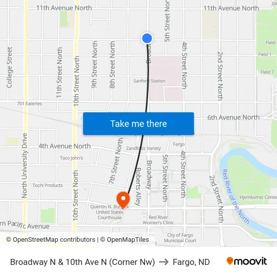 Broadway N & 10th Ave N (Corner Nw) to Fargo, ND map