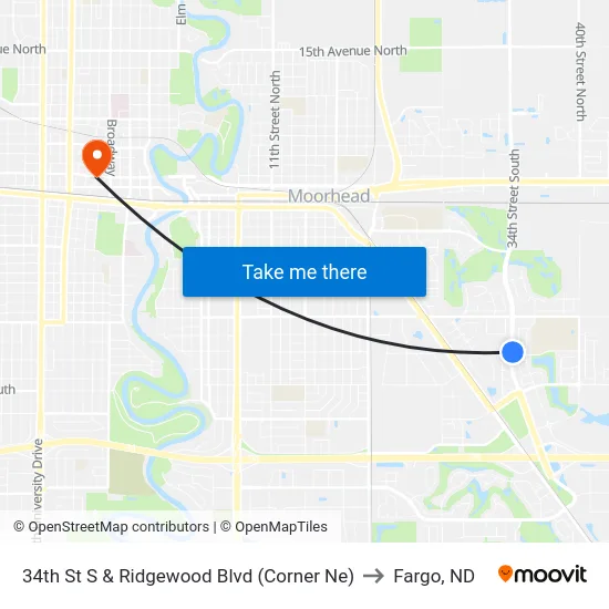 34th St S & Ridgewood Blvd (Corner Ne) to Fargo, ND map