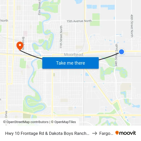 Hwy 10 Frontage Rd & Dakota Boys Ranch (Midblock North) to Fargo, ND map