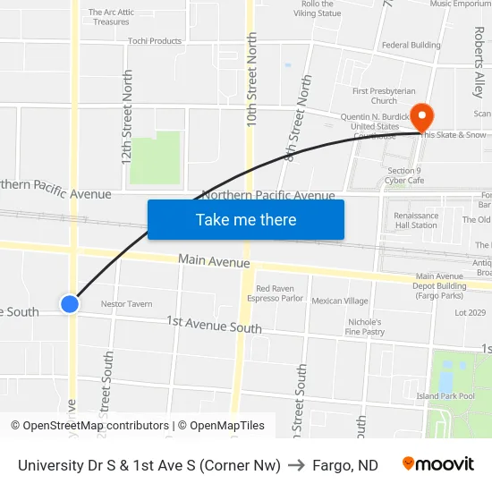 University Dr S & 1st Ave S (Corner Nw) to Fargo, ND map