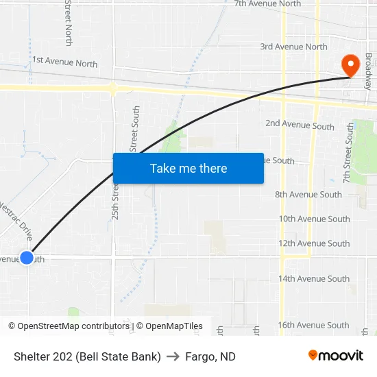 Shelter 202 (Bell State Bank) to Fargo, ND map
