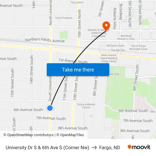 University Dr S & 6th Ave S (Corner Nw) to Fargo, ND map