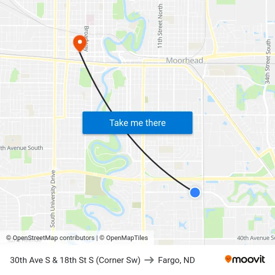 30th Ave S & 18th St S (Corner Sw) to Fargo, ND map