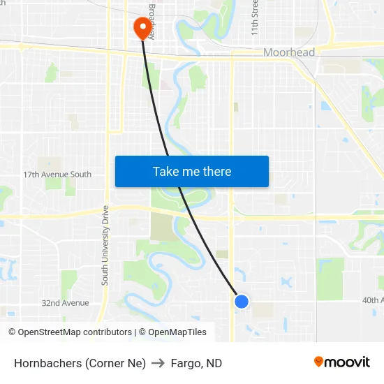 Hornbachers (Corner Ne) to Fargo, ND map
