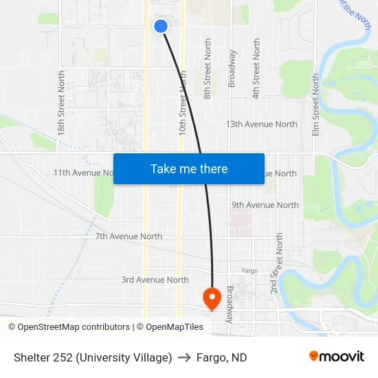 Shelter 252 (University Village) to Fargo, ND map