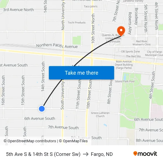 5th Ave S & 14th St S (Corner Sw) to Fargo, ND map