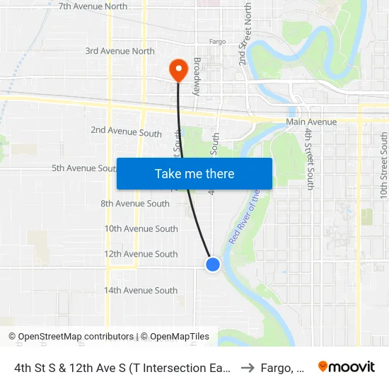4th St S & 12th Ave S (T Intersection East) to Fargo, ND map