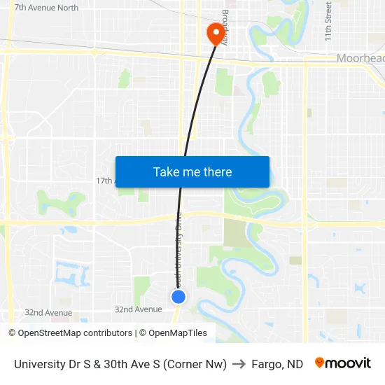 University Dr S & 30th Ave S (Corner Nw) to Fargo, ND map