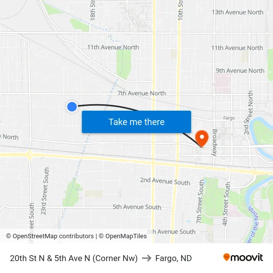 20th St N & 5th Ave N (Corner Nw) to Fargo, ND map