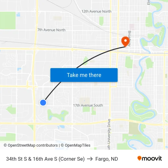 34th St S & 16th Ave S (Corner Se) to Fargo, ND map