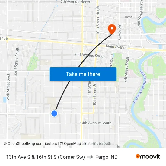 13th Ave S & 16th St S (Corner Sw) to Fargo, ND map